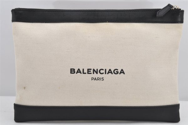 Authentic BALENCIAGA Navy Clip M Clutch Bag Canvas Leather 373834 White 2619K Online now