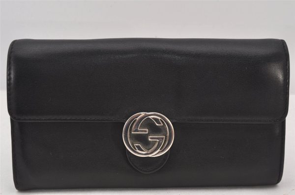 Authentic GUCCI Interlocking G Long Wallet Purse Leather 369663 Black 7058K Fashion