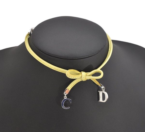 Authentic Christian Dior Choker Necklace Leather Light Green Silver Box 3151K Online now