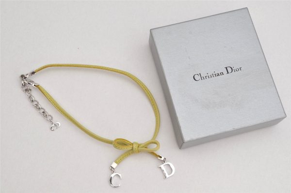 Authentic Christian Dior Choker Necklace Leather Light Green Silver Box 3151K Online now