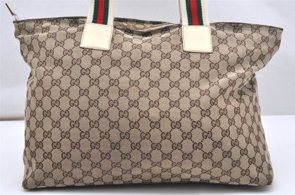 Auth GUCCI Web Sherry Line Tote Bag GG Canvas Leather 155524 Brown Junk 5108K For Discount