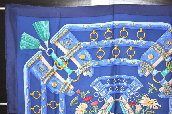 Authentic HERMES Carre 90 Scarf  aux champs  Silk Navy 6499K on Sale