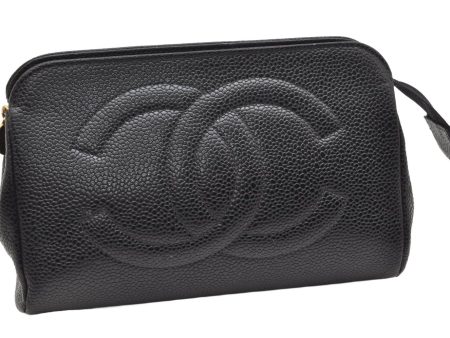 Authentic CHANEL Caviar Skin CC Logo Cosmetic Pouch Purse Black Junk 4714K For Sale