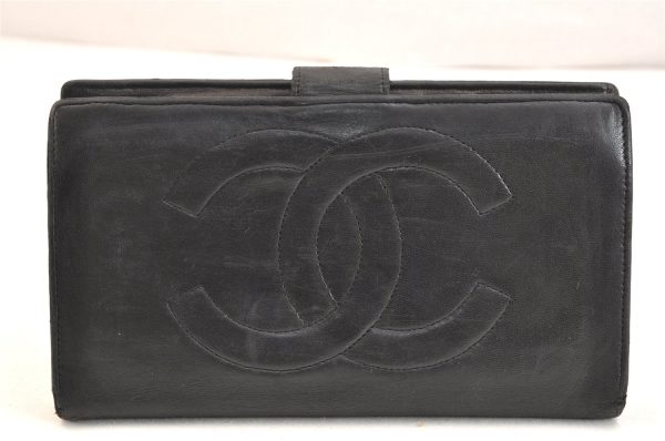 Authentic CHANEL Vintage Calf Skin Long Wallet Purse Black CC Logo 7483K Fashion