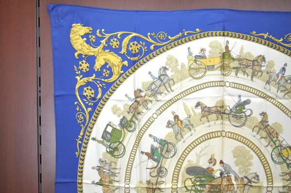 Authentic HERMES Carre 90 Scarf  LA PROMENADE DE LONGCHAMPS  Silk Blue K8378 Discount