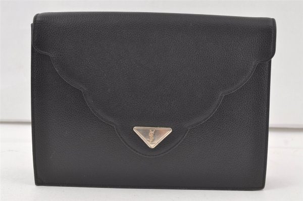 Authentic YVES SAINT LAURENT Vintage Clutch Hand Bag Purse Leather Black 6818K For Discount