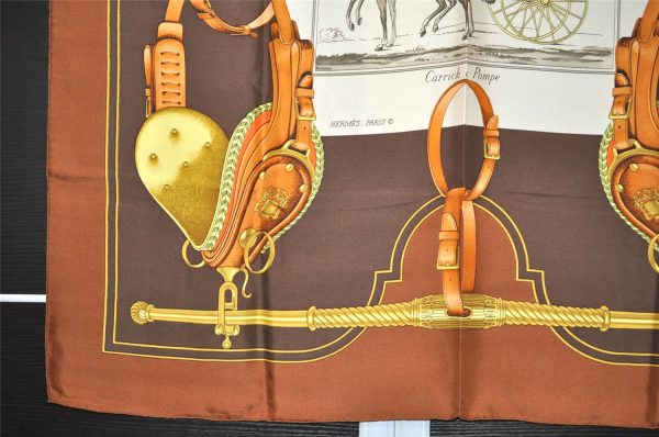 Authentic HERMES Carre 90 Scarf  Carrick a Pompe  Silk Brown 4937K Sale