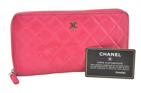 Authentic CHANEL Vintage Lamb Skin Matelasse Long Wallet Purse Pink CC 6469K Online Hot Sale