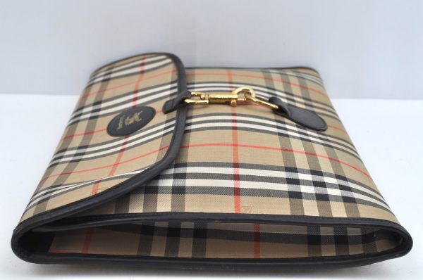 Authentic Burberrys Vintage Check Canvas Clutch Hand Bag Beige L0618 on Sale