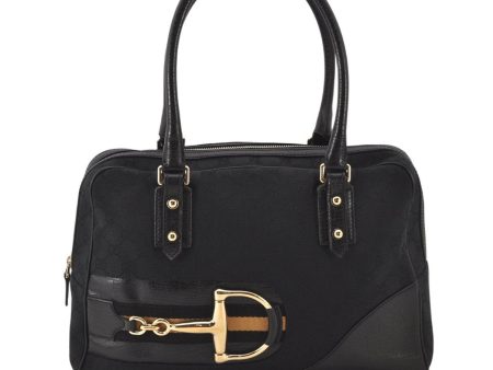 Auth GUCCI Hasler Horsebit Hand Boston Bag GG Canvas Leather 141503 Black 4796K Sale