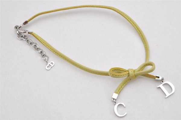 Authentic Christian Dior Choker Necklace Leather Light Green Silver Box 3151K Online now