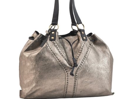 Authentic YVES SAINT LAURENT Sac Double Tote Bag Leather 168483 Silver 7071K Hot on Sale