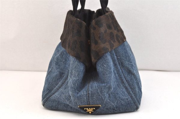 Authentic PRADA Canapa M Denim Unborn Calf Leather Tote Hand Bag Blue 7574K For Sale