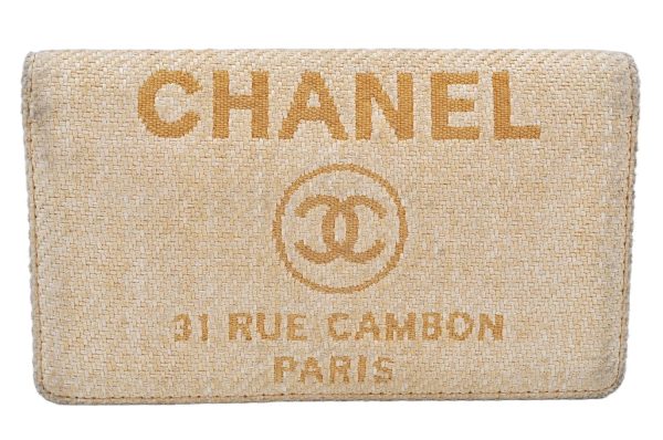 Authentic CHANEL Deauville Line CC Logo Long Wallet Straw Leather Beige 6470K Online Sale