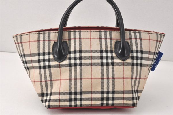 Authentic BURBERRY BLUE LABEL Check Hand Tote Bag Nylon Leather Beige 3795K Online Hot Sale