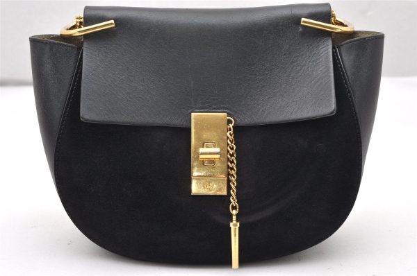 Authentic Chloe Drew Suede Leather Chain Shoulder Cross Body Bag Black 2644K Sale