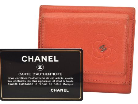 Authentic CHANEL Butterfly Camellia Calf Skin Trifold Wallet Orange CC 6787K Online now