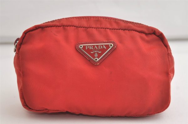 Authentic PRADA Vintage Nylon Tessuto Leather Pouch Purse Red 4368K Hot on Sale