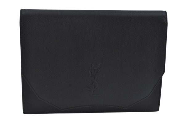 Authentic YVES SAINT LAURENT Clutch Hand Bag Purse Leather Black L0256 For Sale