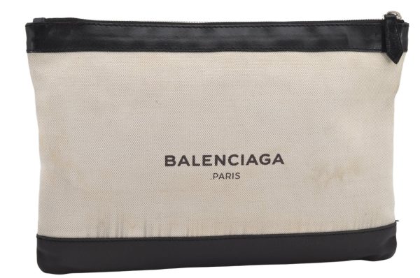 Authentic BALENCIAGA Navy Clip M Clutch Bag Canvas Leather 373834 White 2618K For Discount