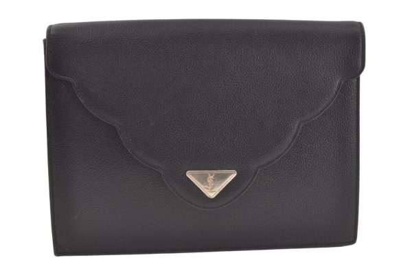 Authentic YVES SAINT LAURENT Vintage Clutch Hand Bag Purse Leather Black 6818K For Discount