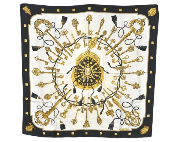 Authentic HERMES Carre 90 Scarf  LES CLES  Silk Black 3359K Fashion