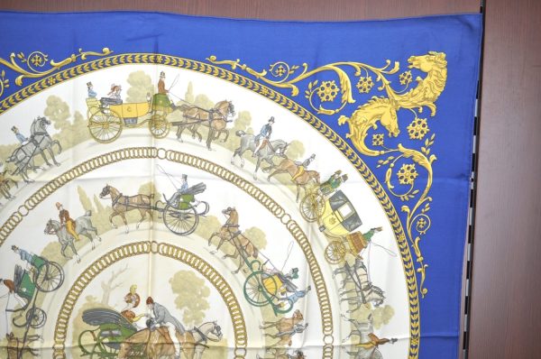 Authentic HERMES Carre 90 Scarf  LA PROMENADE DE LONGCHAMPS  Silk Blue K8378 Discount