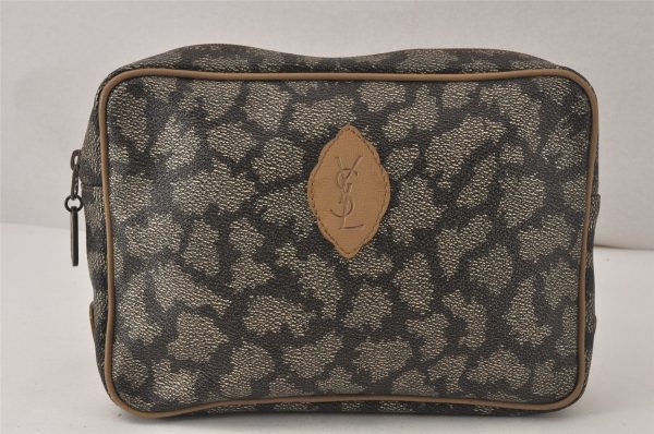 Authentic YVES SAINT LAURENT Clutch Hand Bag Purse PVC Leather Gray 4893K Sale