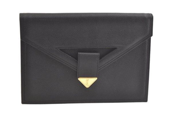 Authentic YVES SAINT LAURENT Vintage Clutch Hand Bag Purse Leather Black 3632K Online Sale