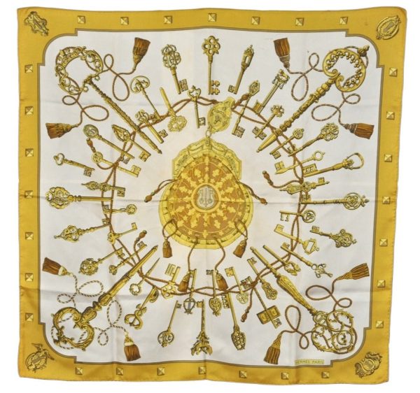 Authentic HERMES Carre 90 Scarf  LES CLES  Silk Yellow 1513K Sale