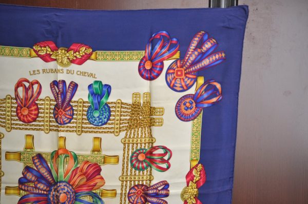 Authentic HERMES Carre 90 Scarf  LES RUBANS DU CHEVAL  Silk Blue K8441 Online Sale