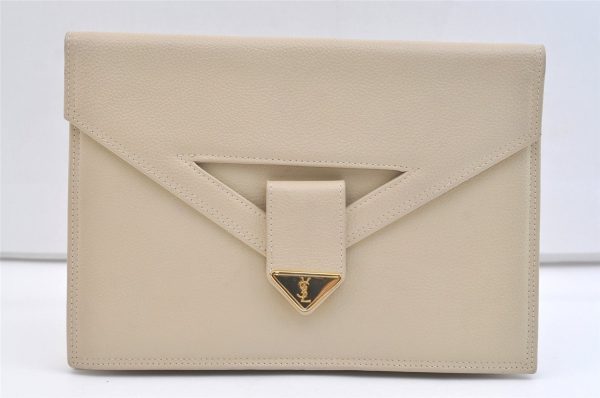 Authentic YVES SAINT LAURENT Clutch Hand Bag Purse Leather Cream White 2049K Online Hot Sale