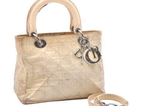 Auth Christian Dior Lady Dior Nylon Enamel Cannage 2Way Hand Bag Beige 2651K Hot on Sale