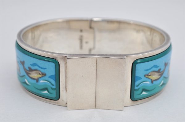 Authentic HERMES Email GM Bangle Dolphin Motif Silver Blue 1763K Discount