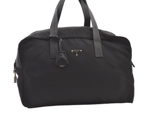 Authentic PRADA Vintage Nylon Leather Boston Hand Bag Black 1390K For Discount