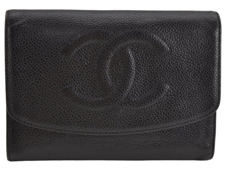 Authentic CHANEL Vintage Caviar Skin CC Logo Trifold Wallet Purse Black 1532K Sale