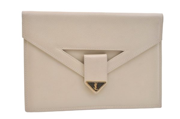 Authentic YVES SAINT LAURENT Clutch Hand Bag Purse Leather Cream White 2049K Online Hot Sale