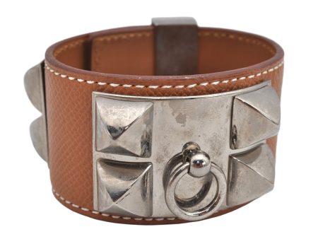 Authentic HERMES Collier de Chien Bangle Bracelet Leather Brown Silver 1762K Online