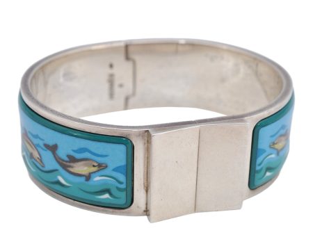 Authentic HERMES Email GM Bangle Dolphin Motif Silver Blue 1763K Discount