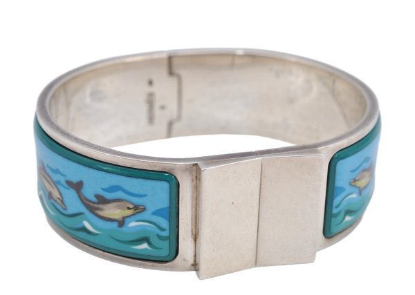 Authentic HERMES Email GM Bangle Dolphin Motif Silver Blue 1763K Discount