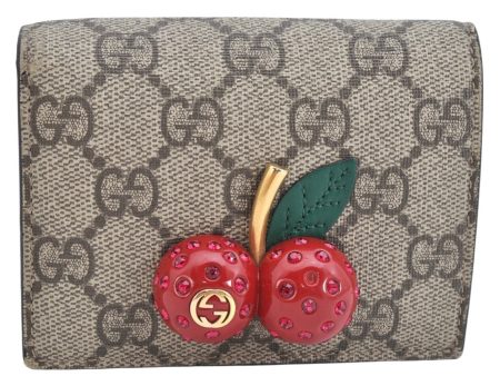 Auth GUCCI Rhinestone Cherry Bifold Wallet GG PVC Leather 476050 Brown 1498K Supply